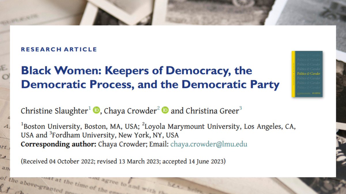 Research Spotlight📣Check out “Black Women: Keepers of Democracy, the Democratic Process, and the Democratic Party” by @DR_CMGreer @ChayaCrowder @cmslaughter in @PoliticsGenderJ #BlackHistoryMonth 

cambridge.org/core/services/…