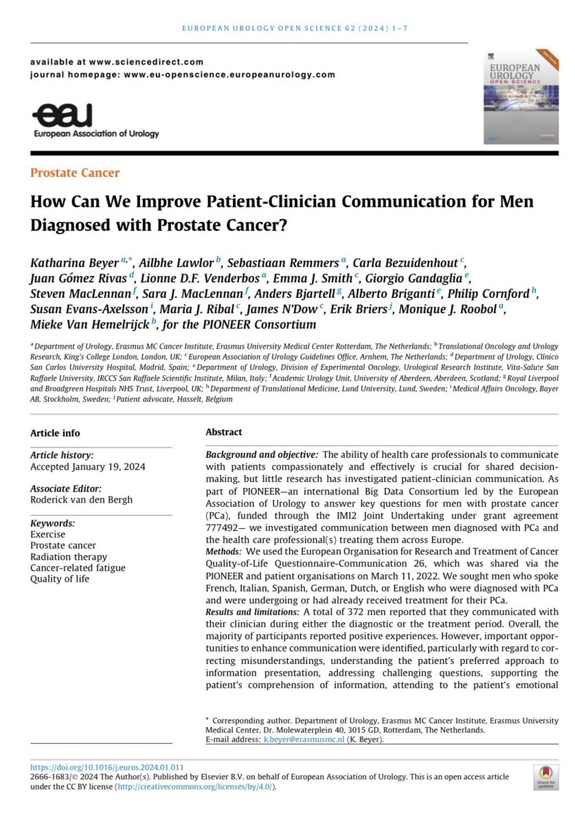 Communication between men diagnosed with #prostatecancer and their healthcare professionals Areas to improve: 🤜🏼🤛Addressing misunderstandings 👨🏽‍🦱Tailored information to the patient’s preferences ❓Handling difficult questions 😊 Supporting emotional needs 🧑🏼‍⚕️👩🏻‍⚕️👨🏻‍⚕️Assessment…