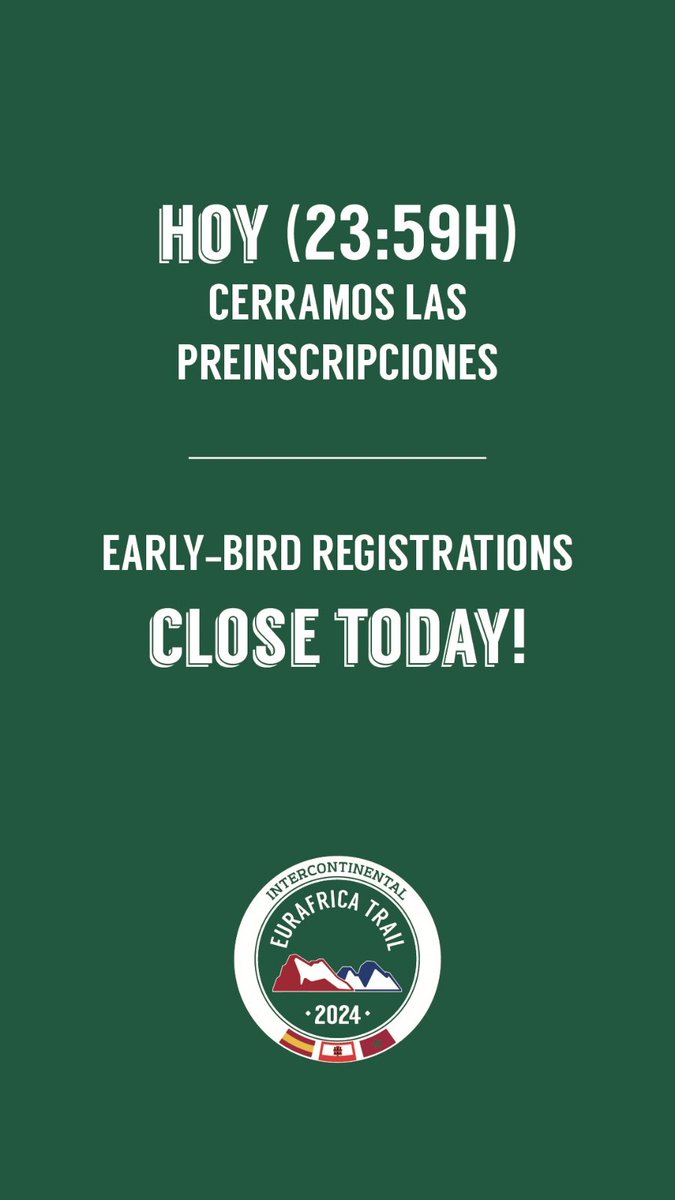 Tic tac...⌛️

Últimos minutos para formar parte de #Eurafrica24 con 100€ de descuento en tu inscripción. 

✍️🔜 eurafricatrail.com/preinscripcion…