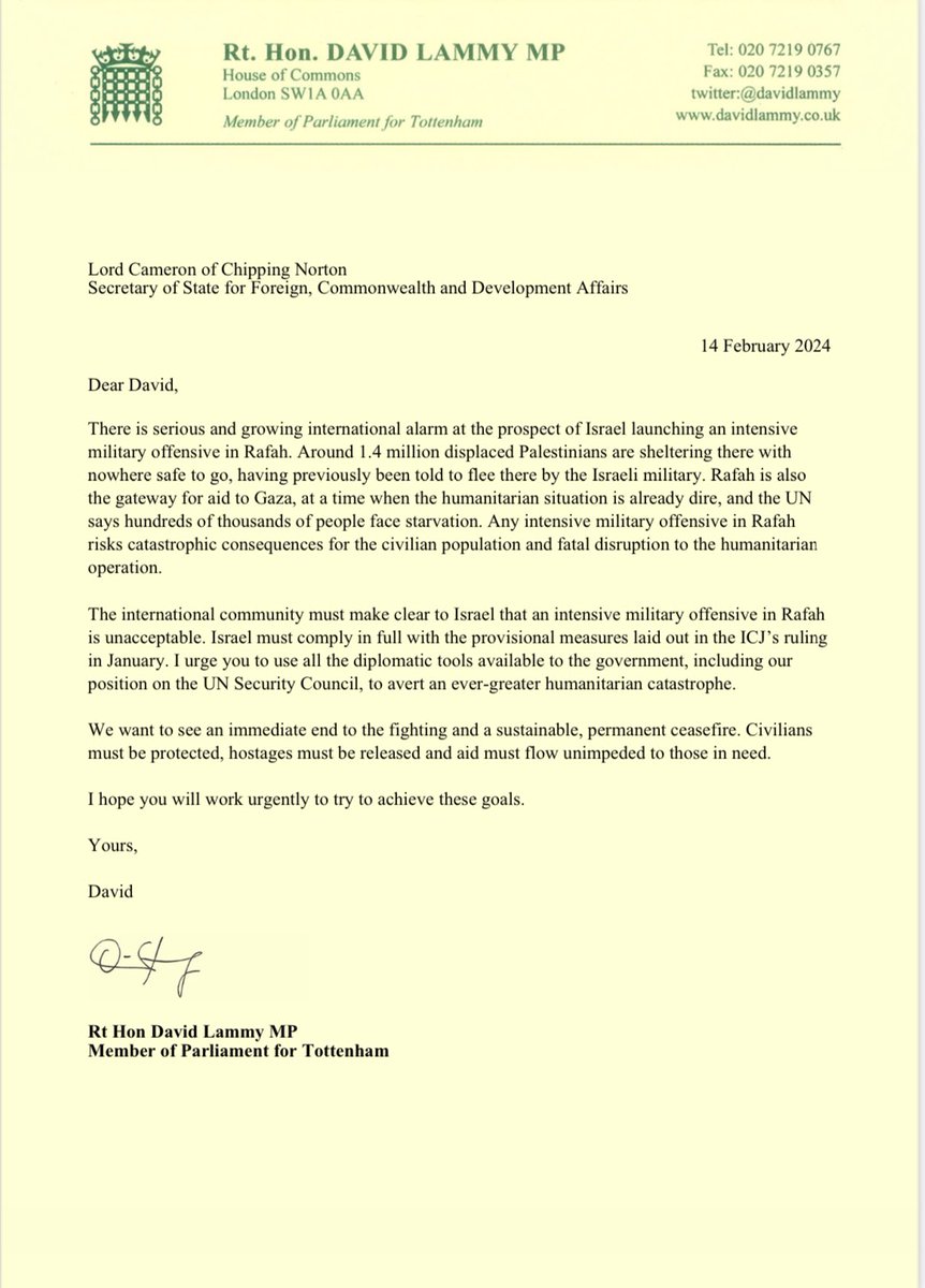 Today I’ve written to @David_Cameron urging him, with the international community, to make clear to Israel that an intensive military offensive in Rafah is unacceptable. Israel must comply with the ICJ’s provisional measures in full. The fighting must stop now.