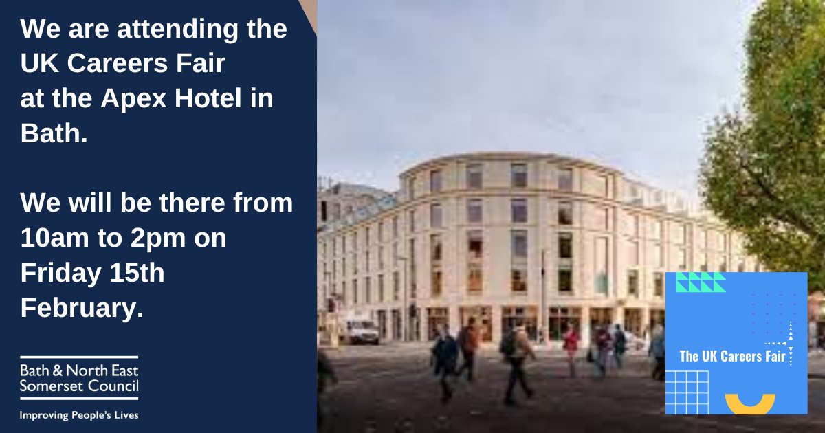 We are at the The UK Careers Fair at the Apex Hotel in Bath on Friday from 10am to 2pm.

Come and meet our team and talk about working at Bath & North East Somerset Council

#Careerevent #Jobfair #newopportunity #newcareeropportunities #newjobopportunity #Bath