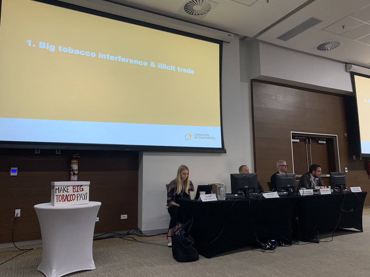 StopCorpAbuse's tweet photo. 🚨Did you know that Big Tobacco 🚬 has been accused of being complicit in illicit trade, allowing its products to avoid taxes and flood the market with unregulated products? 

With @PartnershipFree and @BathTR we’re at #MOP3 protecting public health policy from Big Tobacco! https://t.co/QVCtk4uEDL