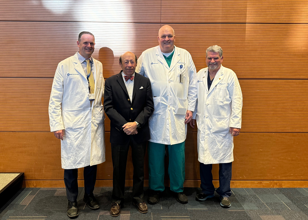 Today at grand rounds we welcomed visiting professor Dr. H. Richard Winn, who was reunited with his former faculty (Dr. Chris Shaffrey, MD) and trainees (@GeraldGrantMD1 and Dr. Mike Haglund). #thegangsallhere @SNS_Neurosurg