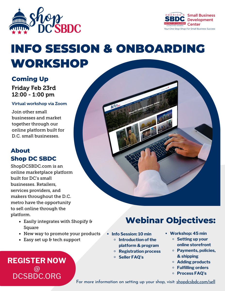 #ShopDCSBDCMarketplace Info Session & Onboarding Webinar! We are here to get your #Shop up and running! Register at bit.ly/3UD8gsD