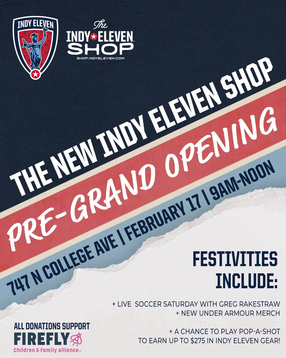 Join us 𝗦𝗮𝘁𝘂𝗿𝗱𝗮𝘆 for the Pre-Grand Opening of the new 𝗜𝗻𝗱𝘆 𝗘𝗹𝗲𝘃𝗲𝗻 𝗦𝗵𝗼𝗽 👕 ⚽ 

LIVE Soccer Saturday w/ <a href="/gregrakestraw/">Greg Rakestraw</a>, Under Armour merch, prizes and more! 

All donations from the day going to support <a href="/FireflyIndiana/">Firefly Children & Family Alliance</a>