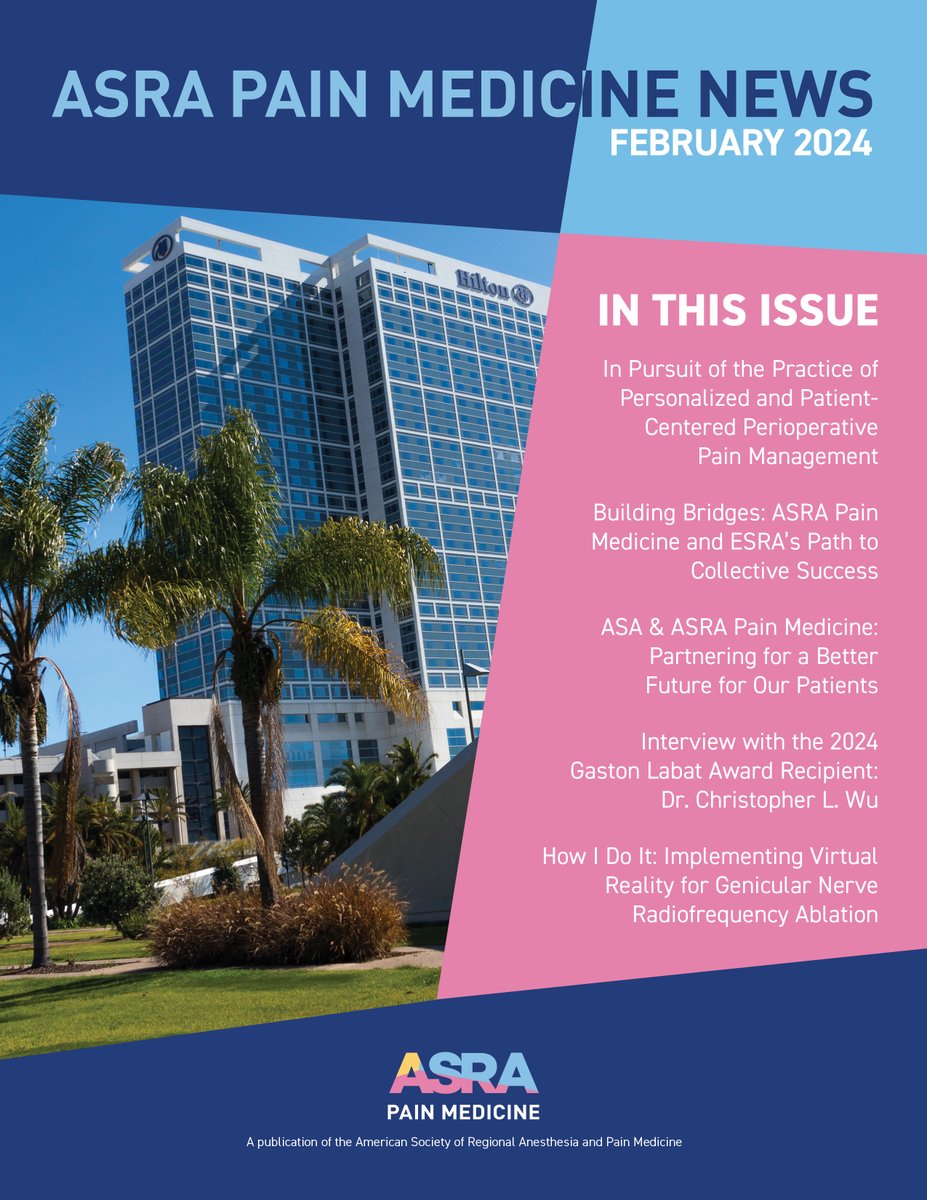 The February 2024 issue of #ASRANews is out! Check out interviews from our Labat and DSA award winners, collaborative content with @ESRA_Society, @ASALifeline, and @CASUpdate, and our popular How I Do It articles, featuring erector spinae blocks and VR! 🔗asra.com/feb24news
