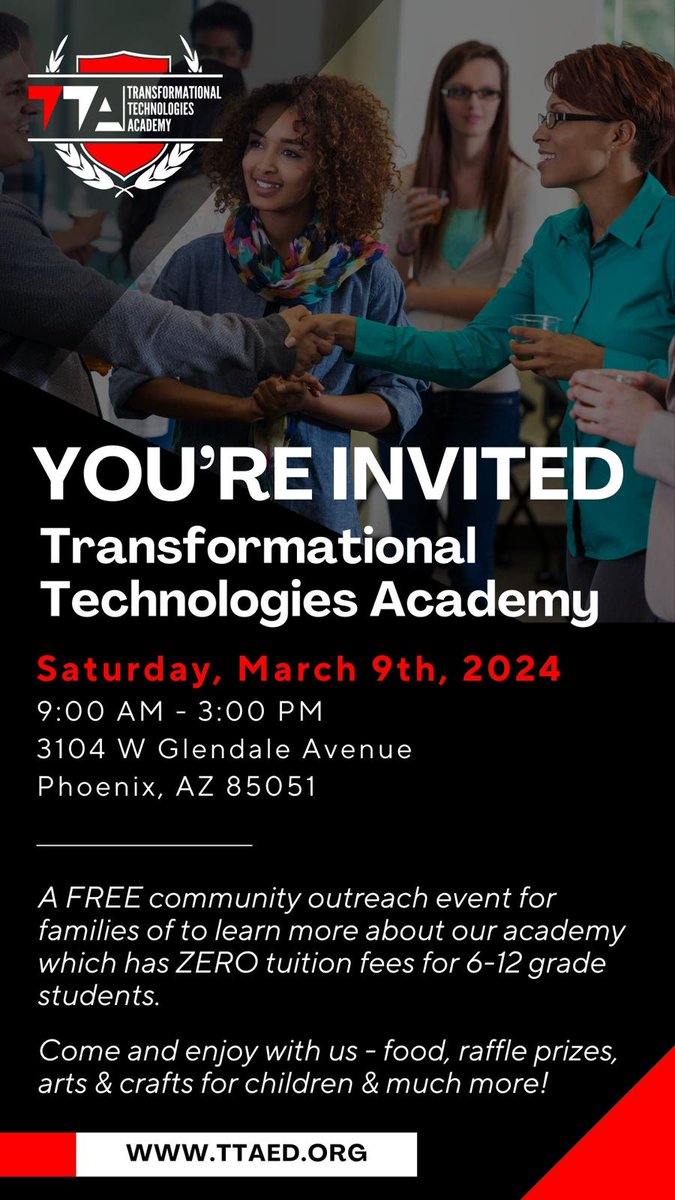 Arizona families! Join us at our upcoming information session to learn more about our programs, which has no tuition for 6 - 12 grade students! 

Bring the whole family for food, fun, and raffle prizes! 🌟🎉

#mlmpipa #tta #tysonstta #makeanimpact #changinglives