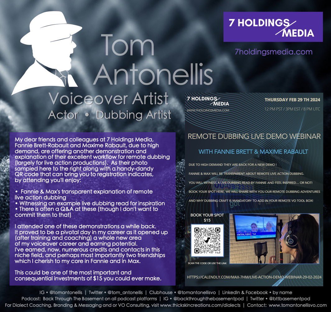 tom_antonellis's tweet image. My dear friends &amp;amp; colleagues at #7holdingsmedia, @fannie_brett &amp;amp; @max_7hm , due to high demand, are offering another demonstration &amp;amp; explanation of their excellent workflow for remote #dubbing (largely for #liveaction productions). 

[details in pic along w/ QR code to register]