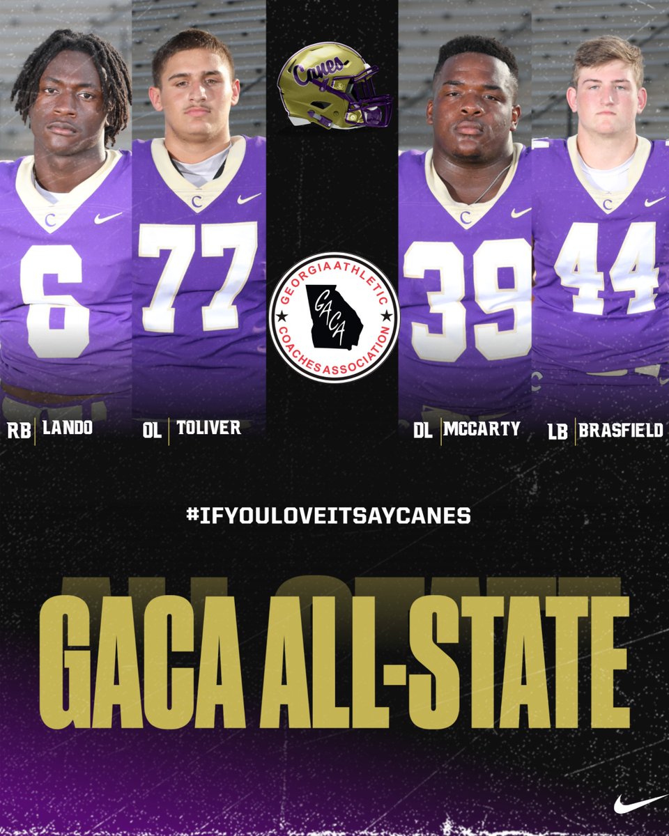 Congratulations to @landoOTP @MalachiToliver @mccarty_keylan & @BrasfieldConnor for being named @GACACoaches All-State. Well deserved. We are proud of you. #Canes