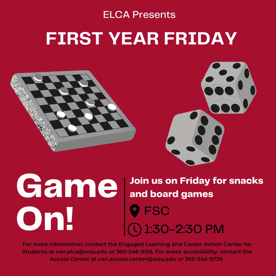 wsuvelca's tweet photo. It’s almost Friday! Come join us for First Year Friday ♟️🎲 https://t.co/5hqHVqSxUk
