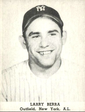 My annual Yogism for #Yankees #PitchersAndCatchers day: Upon arrival at #MLB #SpringTraining in 1947, Gramp is asked what size cap he wears. 'Dunno,' he says. 'I'm not in shape yet.' Here's his Tip Top Bread card from '47, when he was still known as Larry the Outfielder. 😆📷⚾️❤️