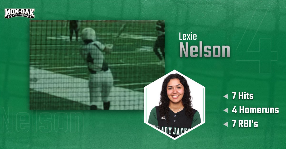 The Mon-Dak player of the week is Lexie Nelson, sophomore outfielder from DCB. Playing in 4 games she had 13 plate appearances producing 7 hits, 3 singles &amp; 4 homeruns for an average of .538% &amp; a slugging percentage of 1.462.  7 RBI's, scored 7 runs, 1 BB &amp; 1 stolen base.