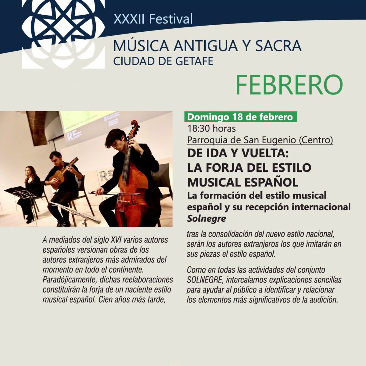 CardosoSoledad's tweet photo. Este domingo: #Solnegre en el el XXXIII Festival de Música Antigua y Sacra Ciudad de Getafe🎼🎶
Soledad Cardoso, soprano / Marc de la Linde, viola da gamba / Ferran Pisà, cuerda pulsada y dirección
📍Parroquia de San Eugenio (Centro), Getafe, Madrid
📆 18 de febrero 🕡 18:30 h https://t.co/HrPNgFvGM1