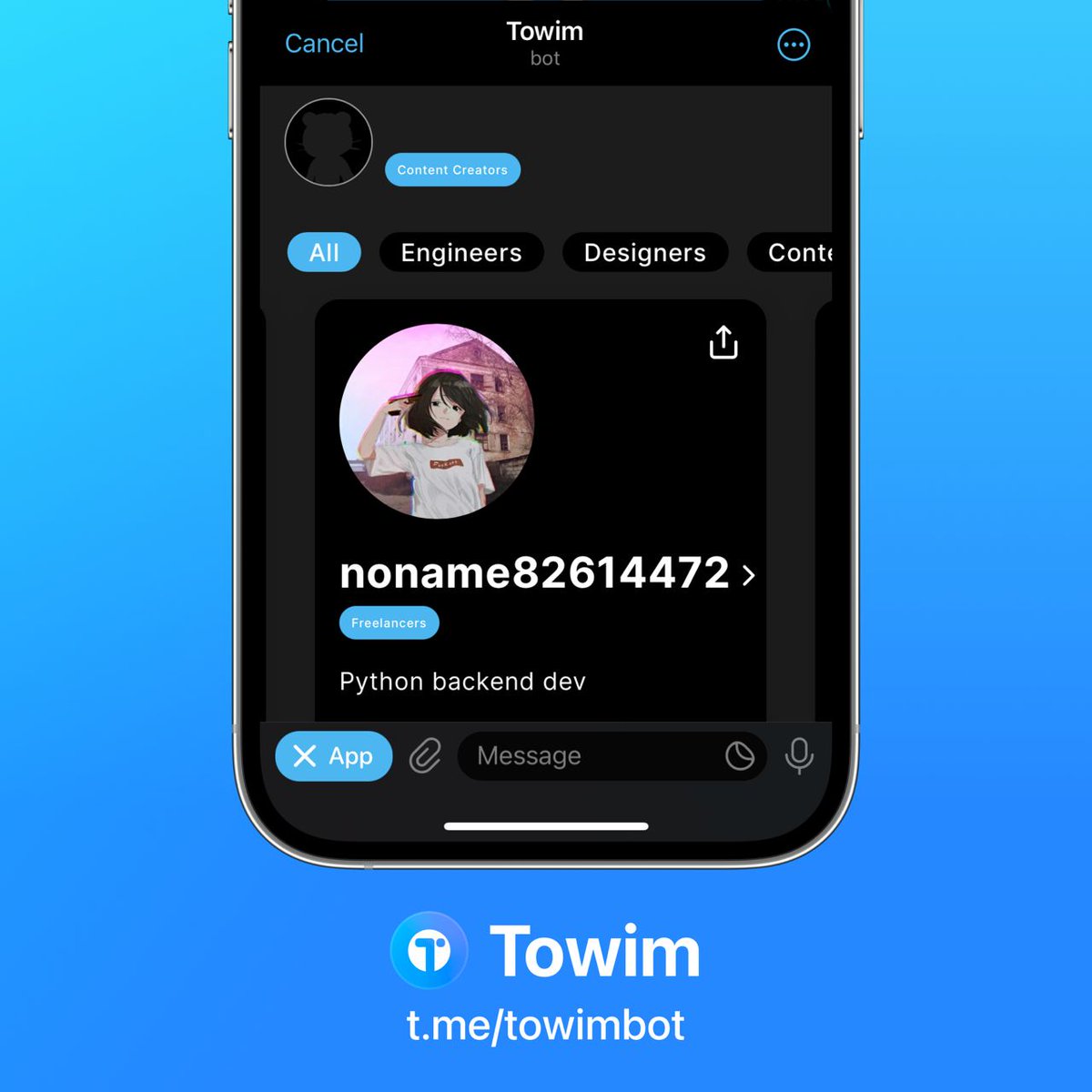 tappscenter's tweet photo. 💘 Finding love & networking for web enthusiasts with Towim!

💻 Towim brings together web specialists providing opportunities:
— Showcase achievements & skills in a portfolio.
— Manage connections with an intuitive interface.
— Search professionals across engineering, content creation, etc.

❤️ Dive into Towim and explore new connections within the tech community!

Towim on Telegram: https://t.co/lBvAKlcpLv
More apps on Telegram: https://t.co/yArw6E5d1l