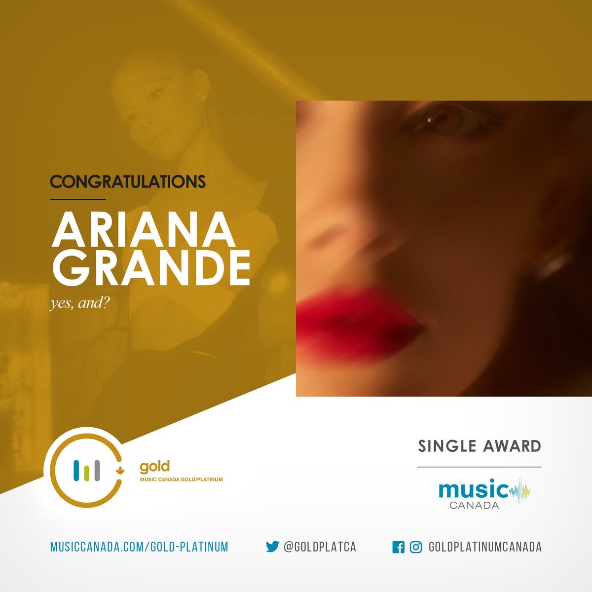 'yes, and?', the recent hit track from Ariana Grande is now officially certified Gold Single📀🍁 @umusic #GoldinCanada