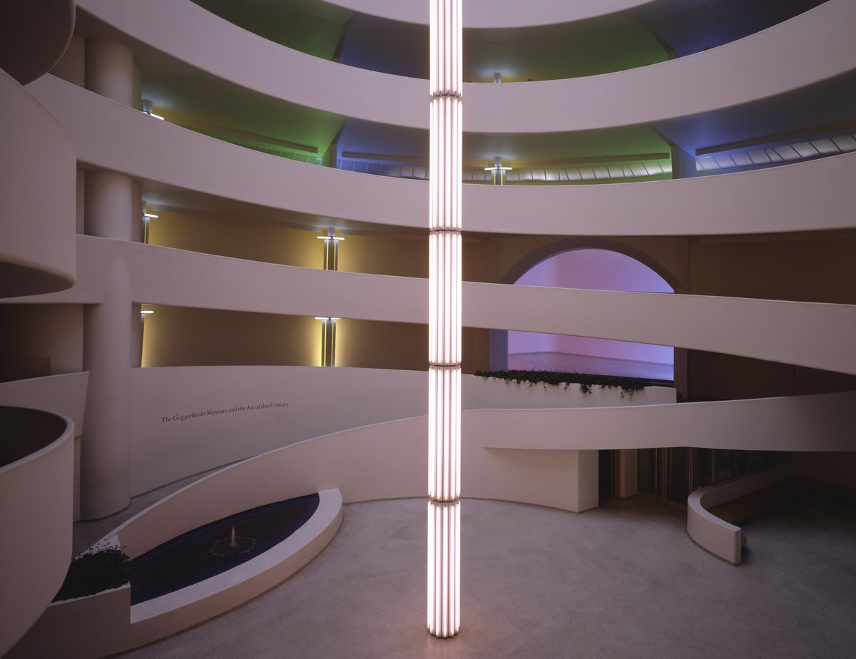 In 1992, #DanFlavin filled the museum with multicolored light. He included a tribute to his fiancée: a column rising from the rotunda floor filling the space with a warm pink glow. #ValentinesDay! 💖

💡 Dan Flavin, 'untitled (to Tracy, to celebrate the love of a lifetime),' 1992