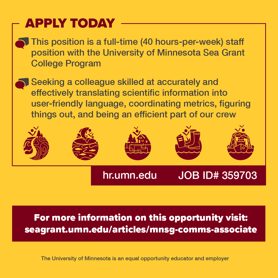 MNSeaGrant's tweet photo. 📣 #NowHiring! 🌊✨ Excited about communicating #science to diverse audiences? Do you have a knack for storytelling and community engagement? We're looking for a talented #CommunicationsAssociate to join our team at Minnesota Sea Grant! 🔍 Find out more: https://t.co/HyCHjsepqp https://t.co/N7Is4ReNMa