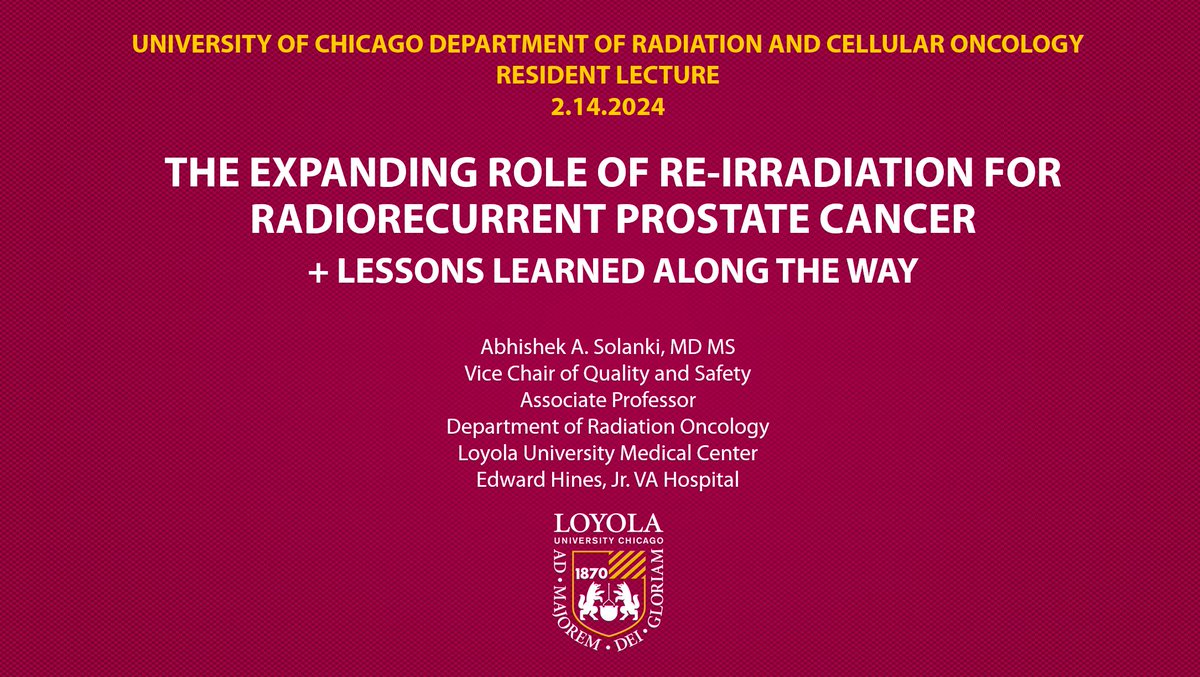 Thanks to Loyola professor (and UChicago #radonc residency alum) Abhi Solanki for his great talk on re-irradiation for radiorecurrent prostate cancer  this morning! He also spoke with our residents about his work with the VA and the life lessons of improv comedy.  #MedEd #pcsm