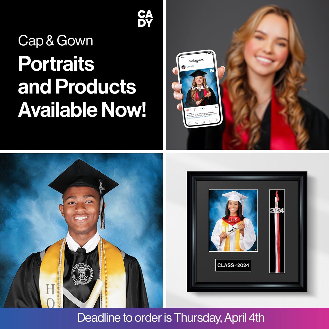 Cap & Gown portraits and products are now available for purchase! Log in using the link below to order today. #CADYSenior cady.com/capgown24 @Cady_Studios
