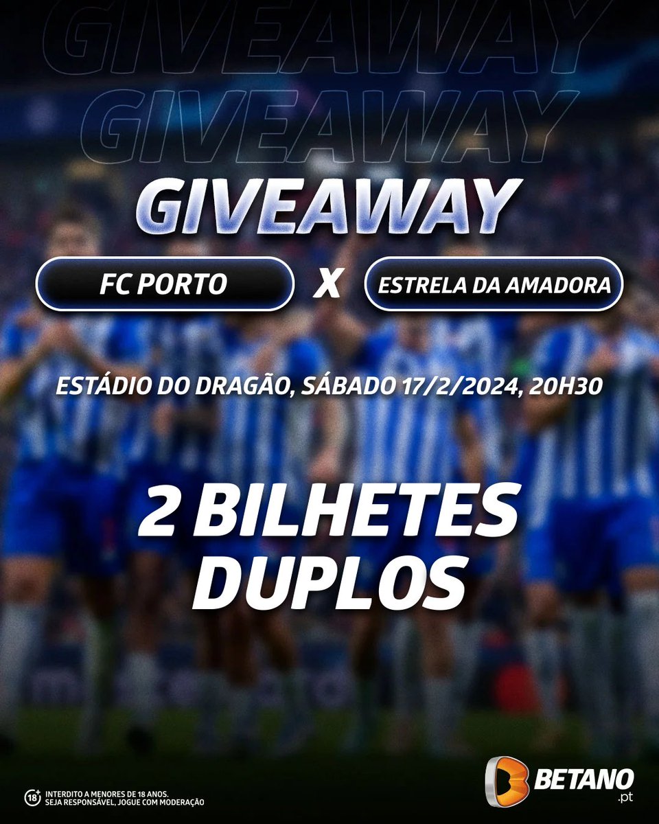 DragaoNews1893's tweet photo. 🚨 𝗚𝗜𝗩𝗘𝗔𝗪𝗔𝗬! 🚨

𝟮 𝘽𝙞𝙡𝙝𝙚𝙩𝙚𝙨 𝘿𝙪𝙥𝙡𝙤𝙨 para o #FCPorto 🆚 Estrela da Amadora! 🔵⚪

Requisitos:
1️⃣ Seguir a @Betano_PT e a @DragaoNews1893
2️⃣ Retweet
3️⃣ Identificar um amigo

⚠️ Os vencedores serão anunciados dia 16 de Fevereiro, às 22h! https://t.co/ufAdjSWM6v