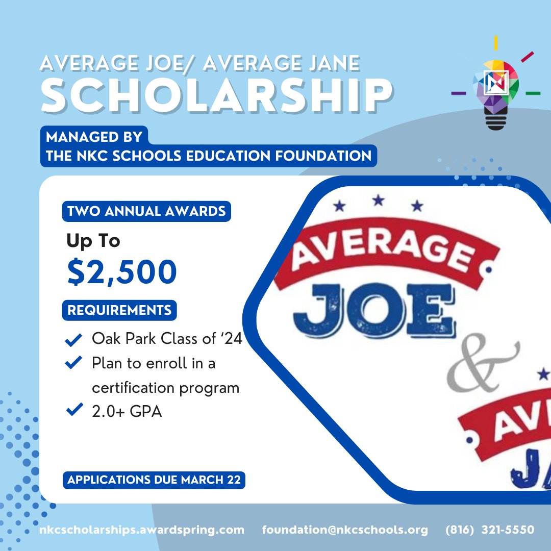 🎓 @opcounseling @northmen_ophs SENIORS: The Average Joe &amp; Jane Scholarships offer two $2,500 awards to grads with 2.0+ GPAs &amp; plan to attend tech or trade school.
❗ Apply by 3/22 at nkcscholarships.awardspring.com ❗ For info on 50+ opportunities visit nkcschoolsfoundation.org