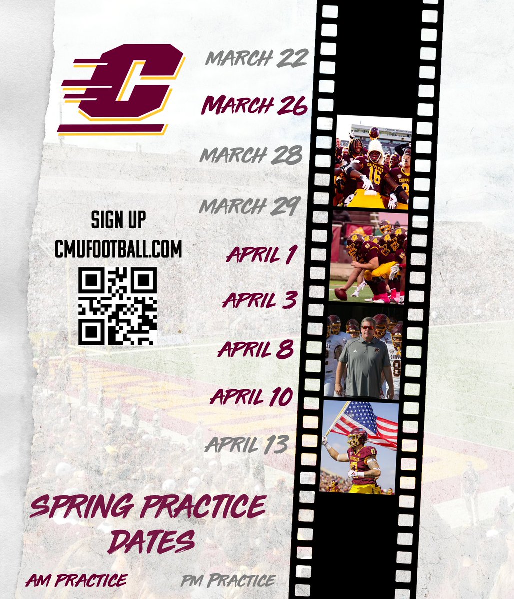 Come out and visit the Chips! Spring practice is about to be underway! Visit cmufootball.com to register. #FireUpChips 🔥⬆️