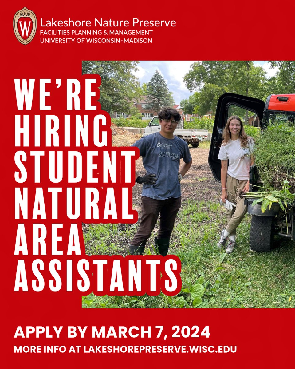 The Lakeshore Nature Preserve is now hiring student natural area assistants! Gain hands-on experience in ecological restoration principles and practice, plant identification, and the use of land management equipment. 
Apply by March 7, 2024. 
Visit go.wisc.edu/i65w29
