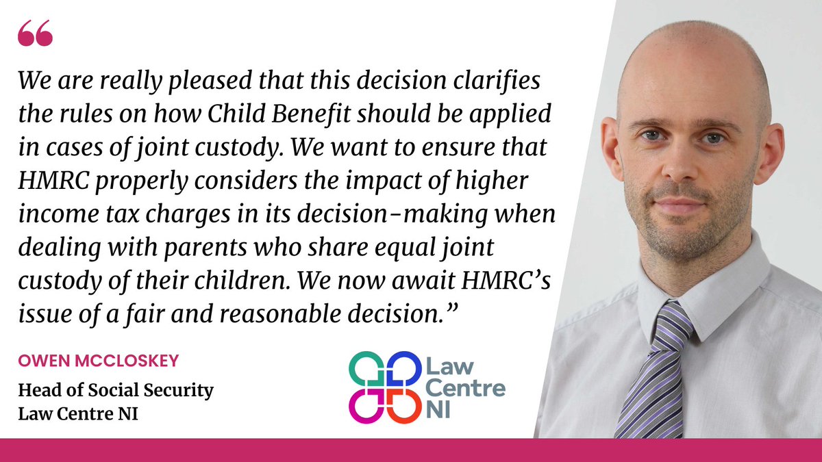 Our Judicial Review challenging HMRC on how it applies the rules on which a parent is awarded Child Benefit has been successful. 

lawcentreni.org/news/law-centr…