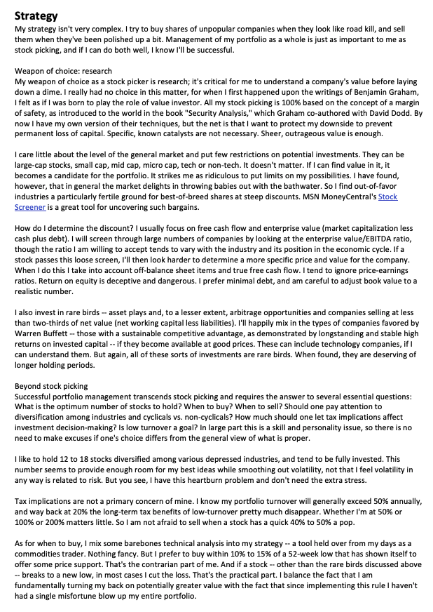 marketplunger1's tweet photo. Michael Burry's (@michaeljburry) Investment Strategy One-Pager  

• Buy roadkill

• Sell when its polished

• Don't care about general market

• Focus on FCF & Enterprise Value

• Invest in Rare Birds

• Hold 12-18 Stocks

• Buy within 10-15% of 52-week low

More 👉 https://t.co/TqfHZgJGNv