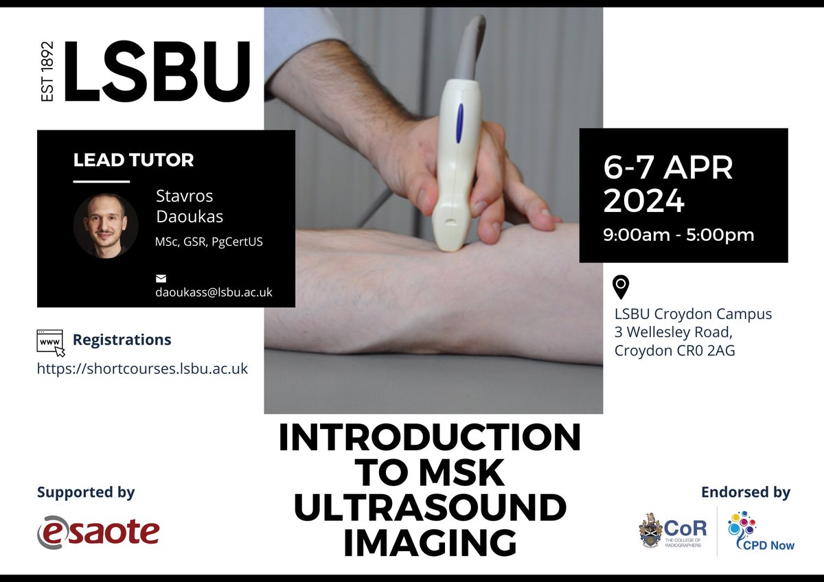 Interested in MSK Ultrasound? Start your journey at LSBU Croydon Campus on 6-7 April 2024!

✅ Endorsed by the College of Radiographers (CoR)
✅ Earn 16 CPD points
✅ Complimentary MSK Ultrasound booklet

Spaces are limited - secure your spot today:
shortcourses.lsbu.ac.uk/coursecart/vie…