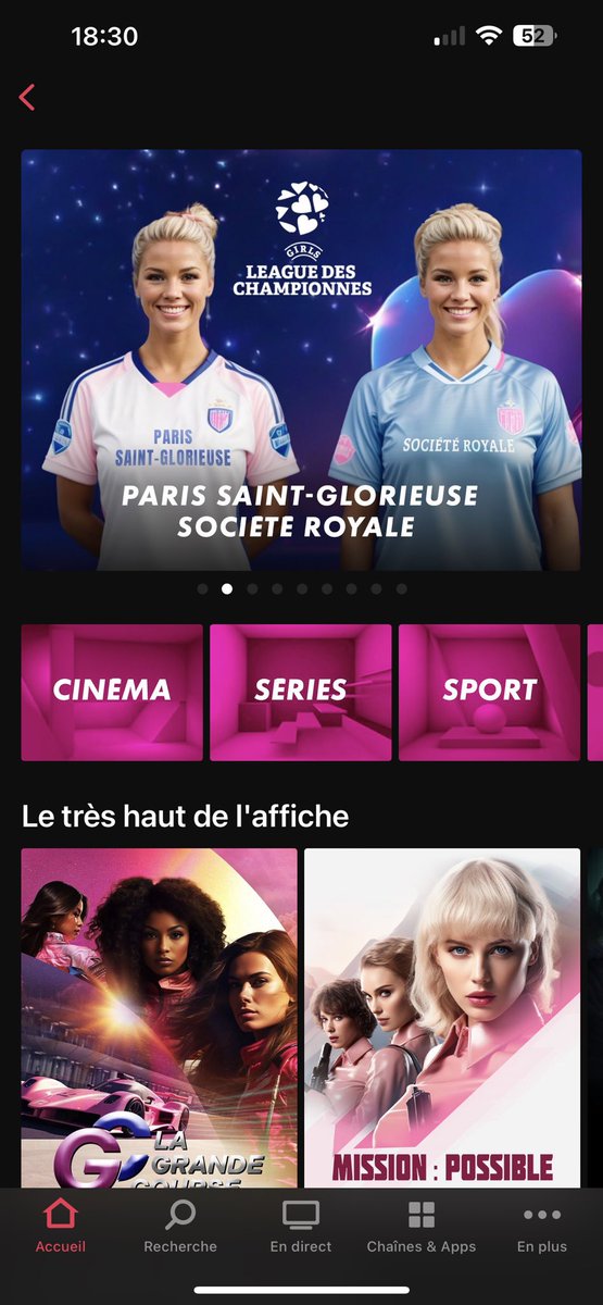 FranckLassagne's tweet photo. À l’occasion de la sortie de #Barbie @canalplus évènementialise son app. 

Les vignettes sont revues à la sauce Barbie et c’est très bon. À chaque clic sur une vignette, on arrive sur la bande annonce du film. Belle op 👌
#PSGRSO #UCL https://t.co/e2bEZ98lFl