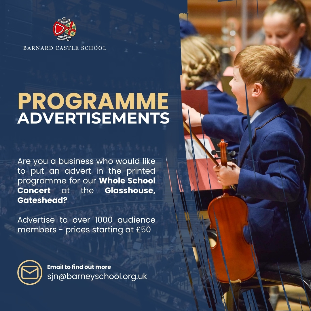 As we gear up for our Whole School Gala Concert <a href="/glasshouseicm/">The Glasshouse International Centre for Music</a>, we are offering advertising space in our printed programme! Our concert features over 700 children, and every ticket-holder receives a programme. For more info, email sjn@barneyschool.org.uk