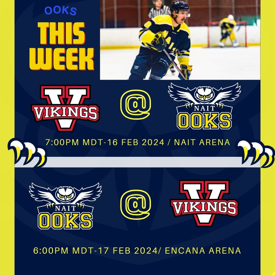 NAITMensHockey's tweet photo. |MHKY|

The Ooks kick off the final stretch of our final two regular season games this weekend !🟡🔵

As we look to make final push to claw the standings against @UofA_AugVikings this Friday at Nait Arena 7PM- MDT 🏒

More details on instagram!
  
Ooksmenshockey

#battleison https://t.co/BtSulY29Fe