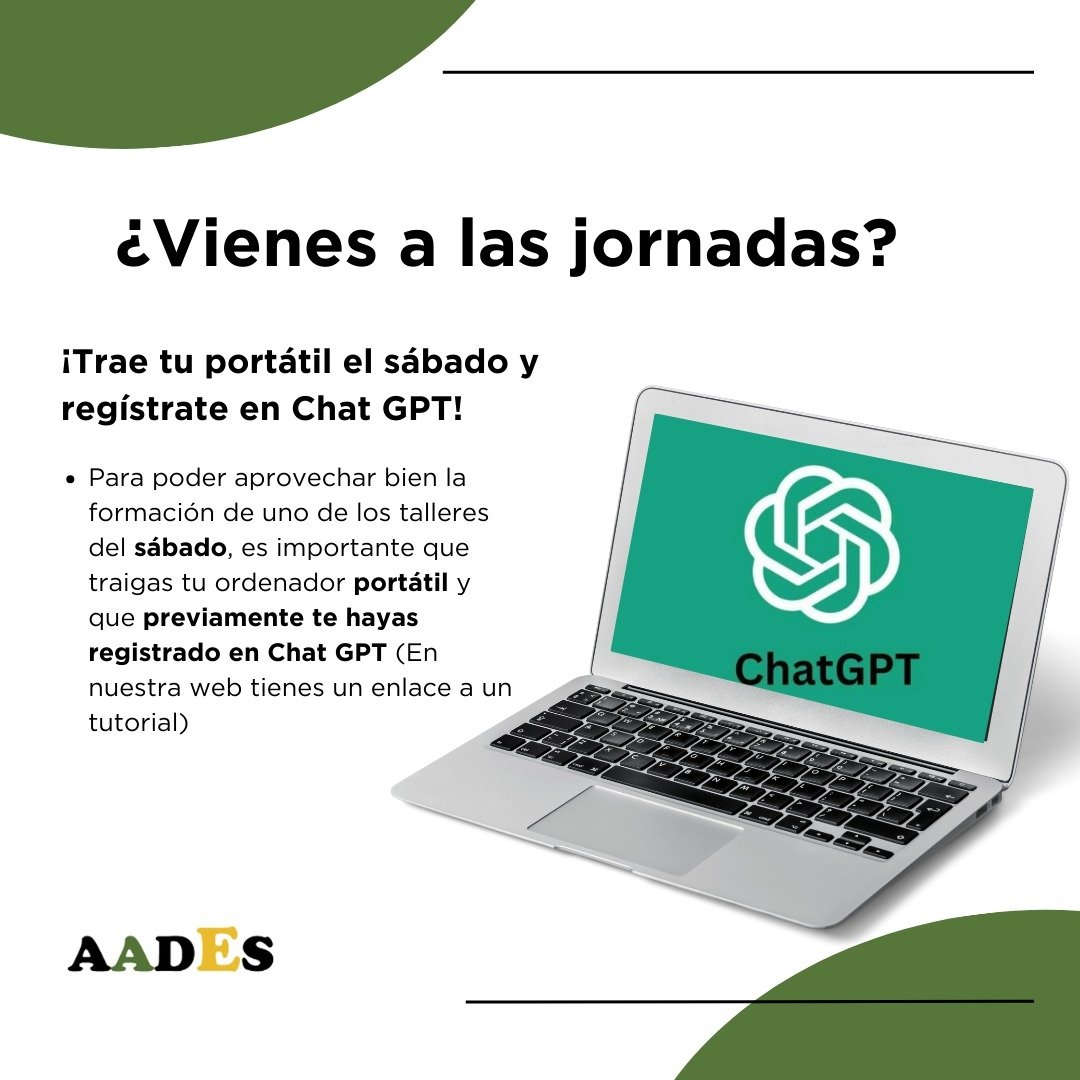 ¿Vienes a las jornadas de este fin de semana? No olvides traer tu portátil el sábado y haberte registrado previamente en ChatGPT para agilizar uno de los talleres que tendremos (en nuestra web tienes una guía para registrarte)

aades.es/portatil-y-cha…
<a href="/cepmalaga/">CEP de Málaga</a> <a href="/CEPdeSevilla558/">Mariano Real Pérez</a>