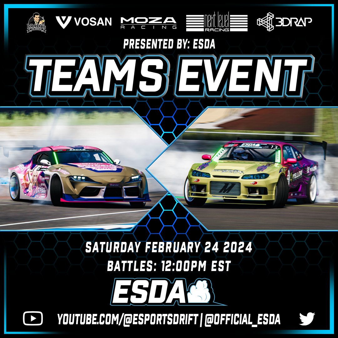Official_ESDA's tweet photo. The 2nd offseason event is coming near. Would like to announce the ESDA Teams Event. 8 teams will battle it out. Tune in on February 24th at 12:00pm Eastern to see who comes out on top. Stay posted as teams and rosters will be announced. #NextLevelRacing #mozaracing #3DRap https://t.co/f3eK1w18Kh