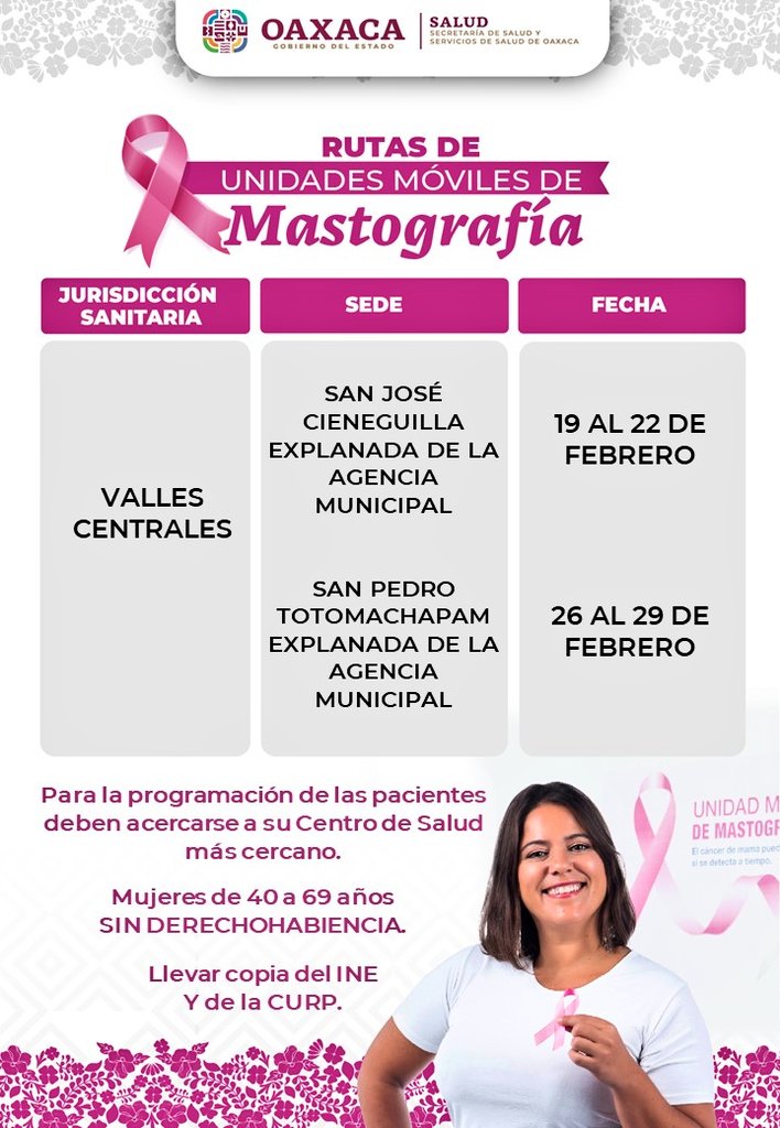 Juris01_VC's tweet photo. Los @SSO_GobOax a través de la #JSVC,  pone al alcance de la población las Unidades Móviles de Mastografía en distintas sedes.
El cáncer puede ser curable si se detecta a tiempo, si tienes entre 40 y 69 años la mastografía es tu mejor opción. Cuídate y
#DateUnaMano. https://t.co/PEZcT4EVLc