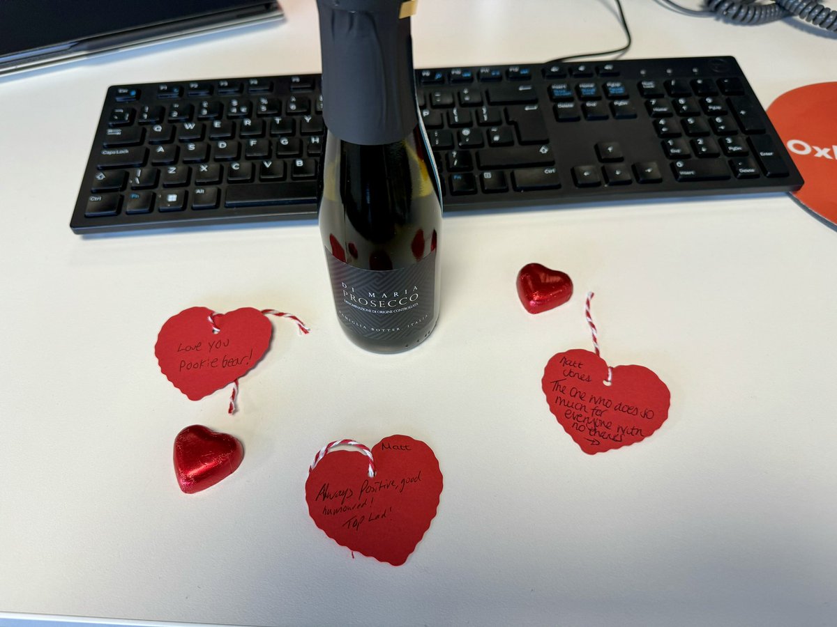 Such a nice surprise when we all arrived in to @OxbridgeHome Towers today. Some #valentines gifts and personalised heart tags on our desks - I’m so fortunate to have such great colleagues 🥰