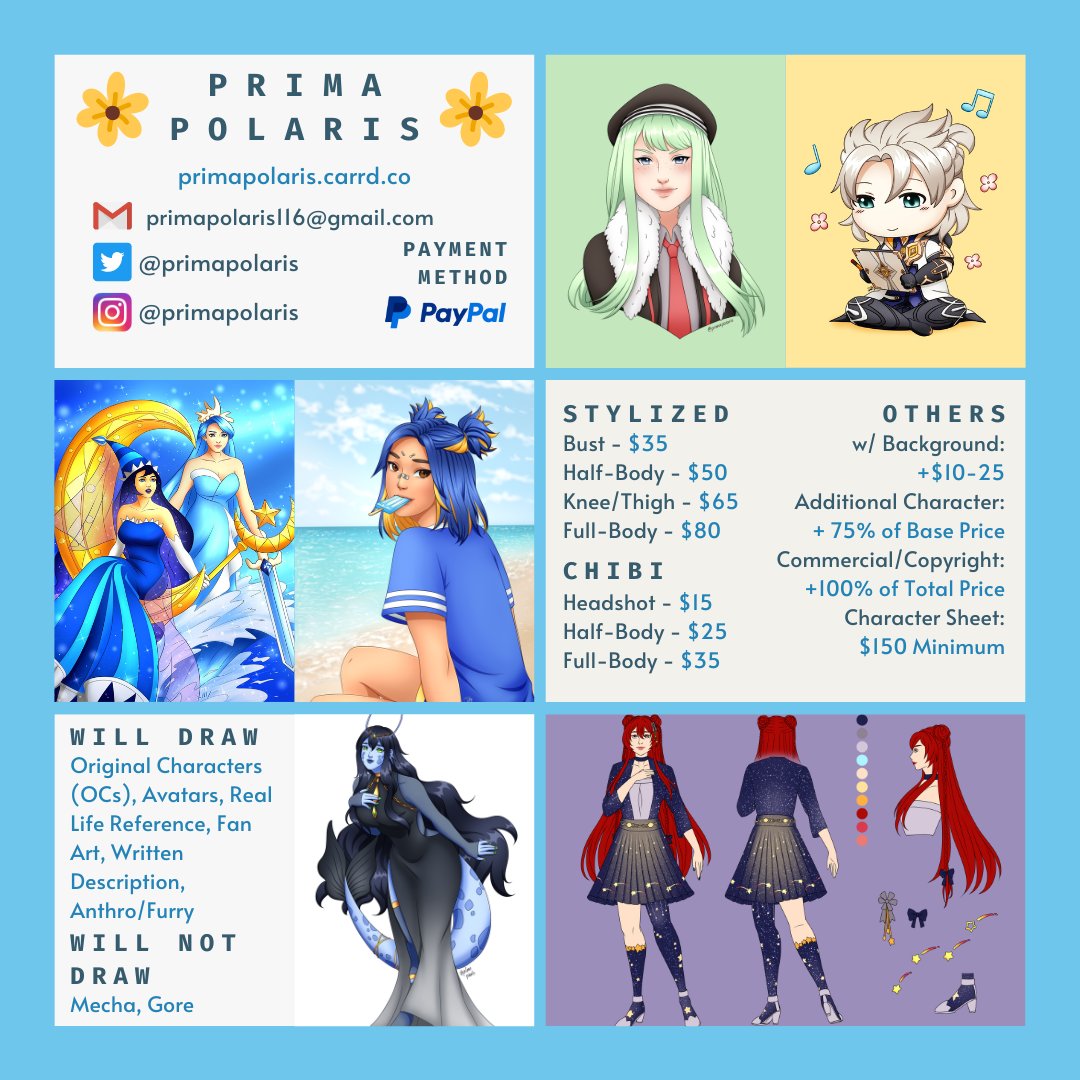PrimaPolaris's tweet image. Made a new commission sheet again with updated prices~ 
Feel free to DM me if interested ✨

More info in -&amp;gt; primapolaris.carrd.co
RTs are appreciated!