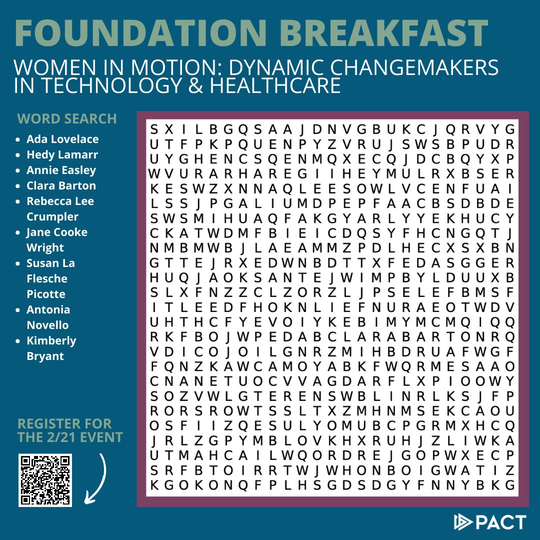 Women's contributions have made a huge difference in the technology and healthcare industries. Just a few are in this word search we created. And - see the trailblazers of today at next week's Foundation Breakfast on 2/21 - RSVP at bit.ly/41VGCsK