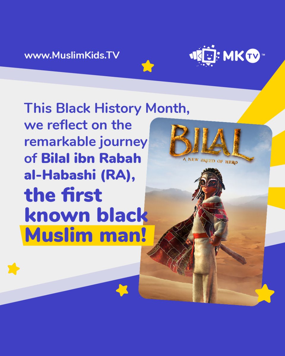 Born between 580-640, Bilal's legacy embodies the spirit of strength and perseverance that defines Black history. 💫

His soul-stirring call to prayer as the first mu'azzin echoes through time. 🕌

#muslimkidstv #DiversityandInclusion #blackhistorymonth
