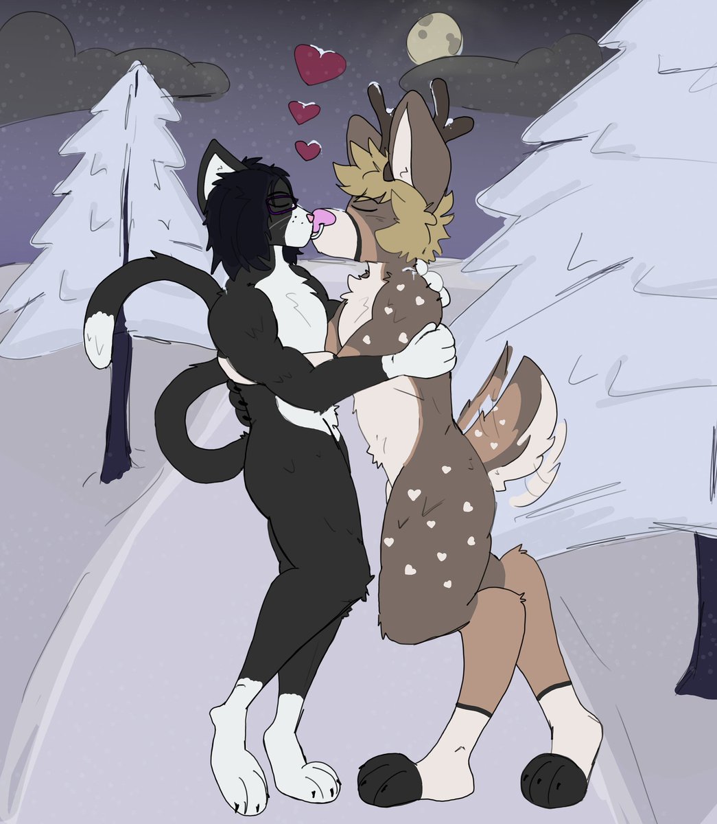 Happy Valentines day! To celebrate the day, here's a commission for 2 friends! Nothing quite like a smooch on a cold night! 💙🩵💜