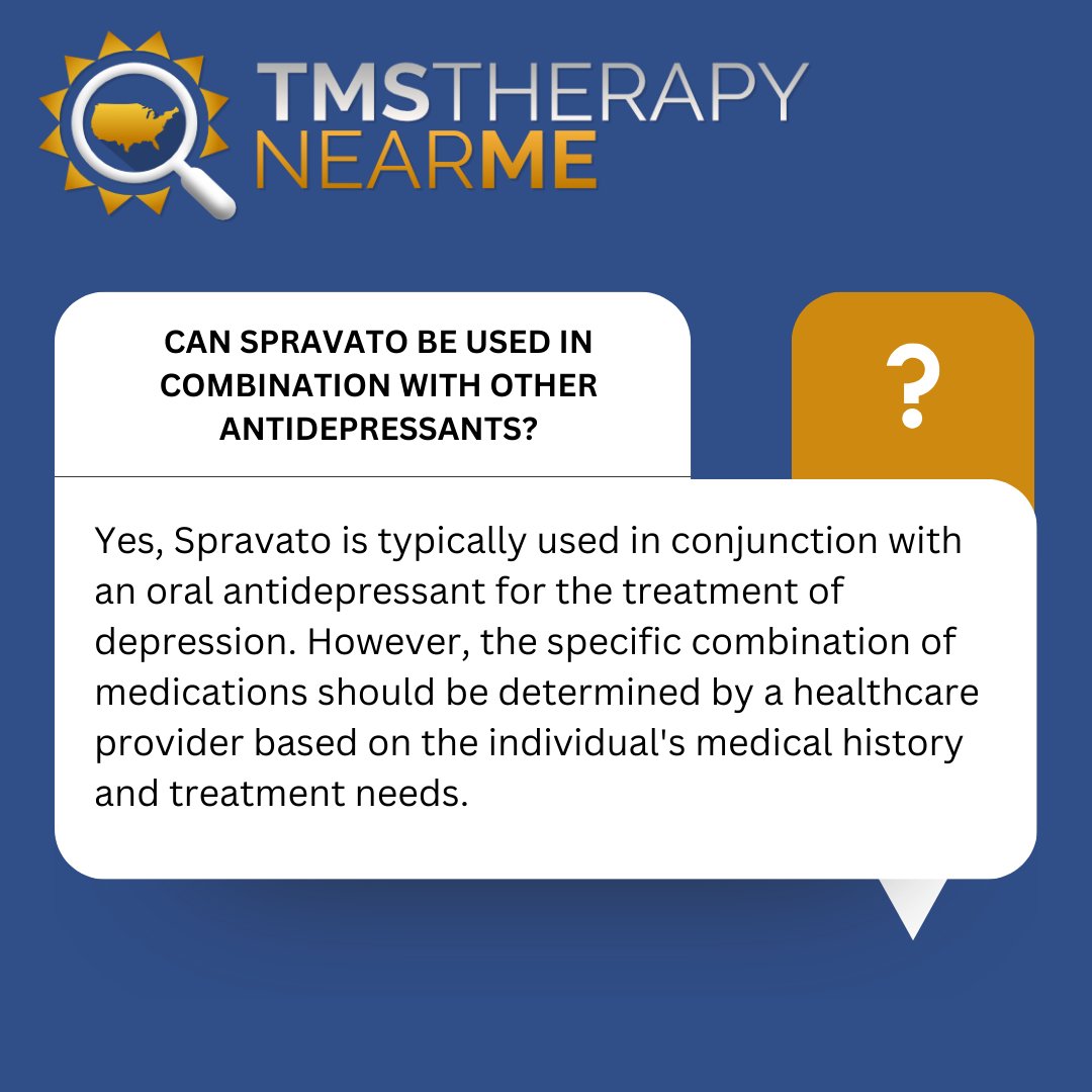 TMSNearMe's tweet image. Combining Spravato with oral antidepressants can be a powerful approach to treating depression. It&apos;s usually recommended to use them together under the guidance of a healthcare provider, tailored to each individual&apos;s unique medical history and needs. #Spravato #MentalHealth