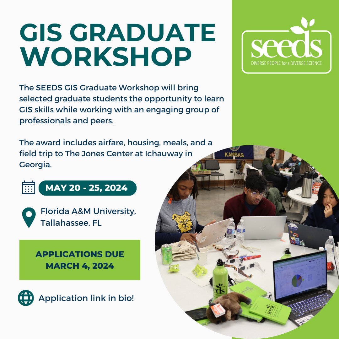 We are hosting a GIS Graduate Workshop with the Landscape Exchange Network for Socio-environmental systems (LENS) network and Florida A&M University! The workshop will be held at FAMU in Tallahassee, FL from May 20-25, 2024. Fully funded! esa.org/seeds/meetings…