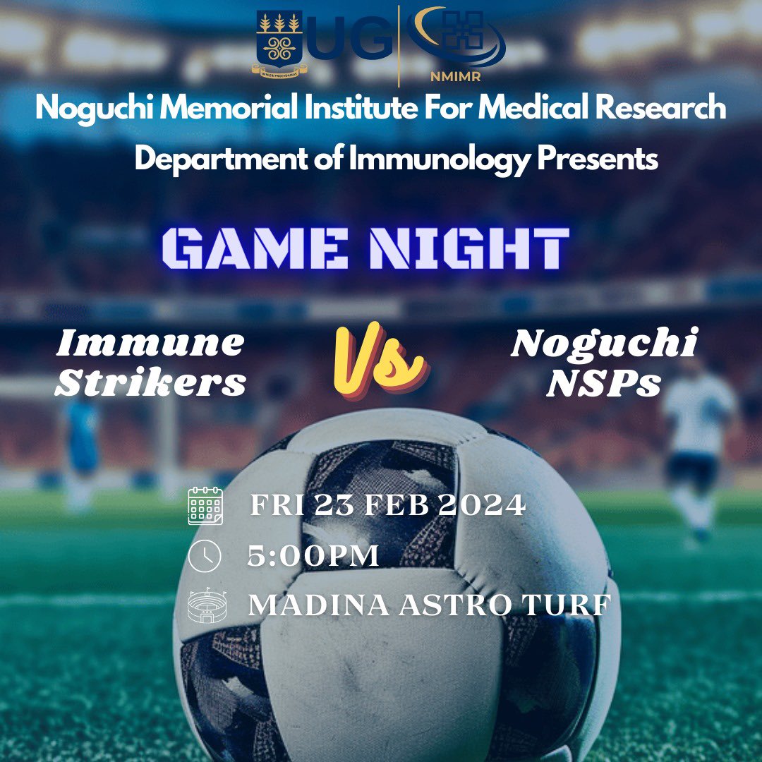 ⚽️After much anticipated wait, NMIMR Immunology @ImmunologyNMIMR #Immune_Strikers takes on the National Service of @NMIMR_UG in a soccer match next week Friday. 🏟️ 🔥 Come witness our RAs and PI in action⚽️ Predict Scoreline & Win 🏆 a Prize