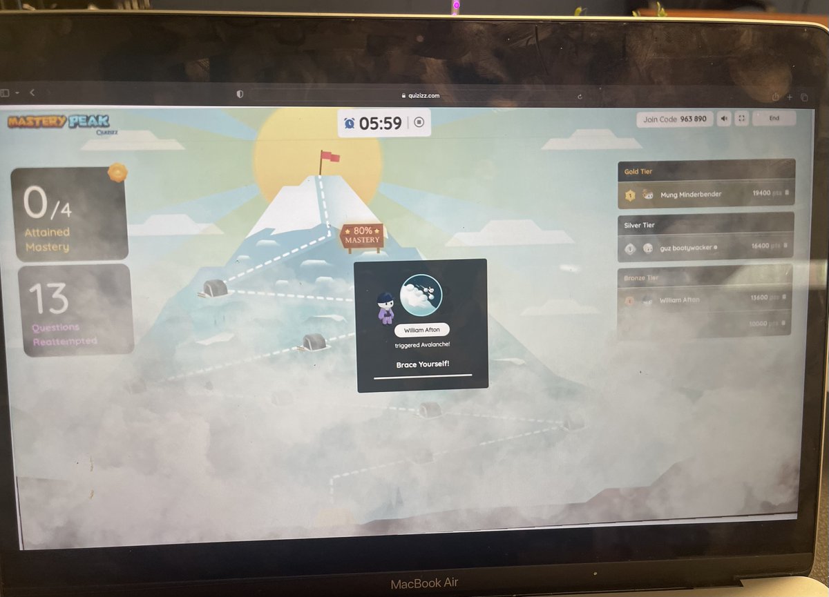 Was looking for another fun game for teachers to use in the classroom and came across @quizizz Mastery Peak quiz mode. So fun! My favorite part-when the avalanche takes over the screen!