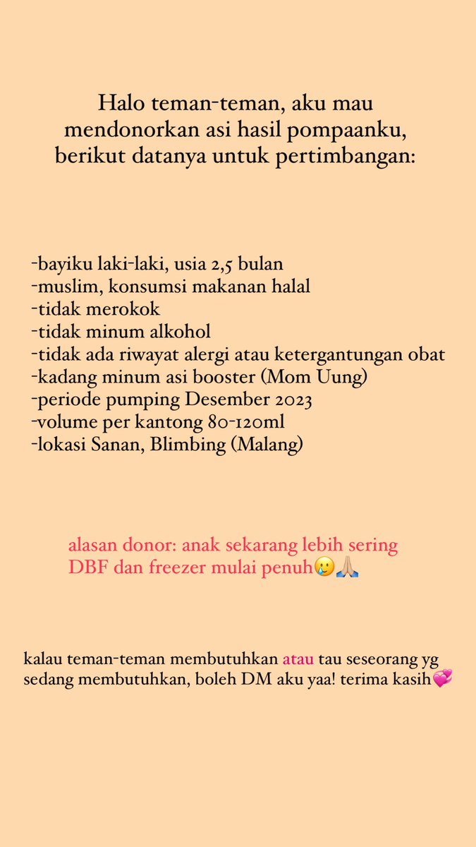<a href="/infomalang/">Info Malang</a> *INFO DONOR ASI*

barangkali ada yg sedang cari donor ASI untuk bayi laki-laki, boleh mention atau DM saya yaa🙏🏼
