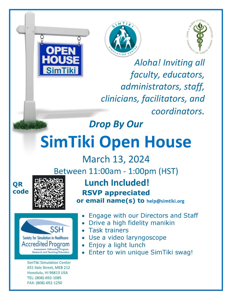SimTiki_HI's tweet photo. Come visit @SimTiki_HI at our Open House on Wed, Mar 13 between 11am-1pm!  RSVP by QR code or email help@simtiki.org               
See flyer for more info. https://t.co/WvNEQmr8fB