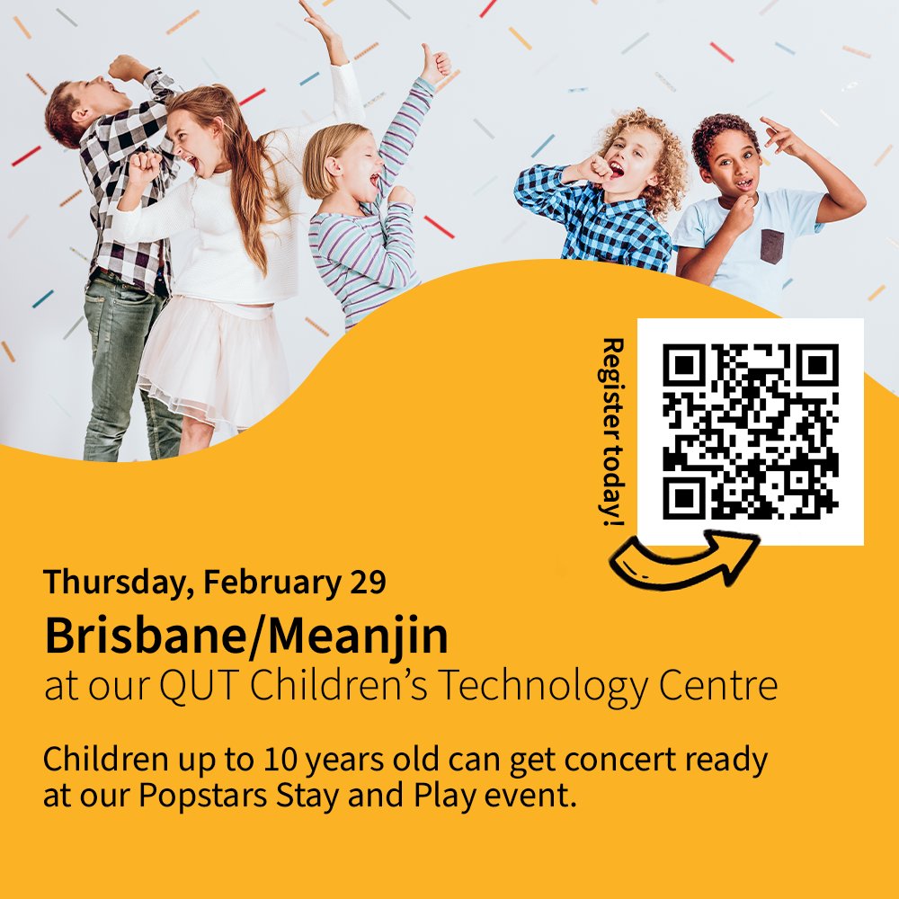 Children up to 10 years of age are invited to visit QUT for our free ‘Popstars’ Stay and Play on Thursday, February 29.   

Get ready for: 
🎶 Dance Mania 
🕺 Popstars Limbo
🎤 Microphone Mayhem
🎬 Lights, Camera, Action

events.humanitix.com/stay-and-play-… 

#event #brisbane #children <a href="/QUT/">QUT</a>