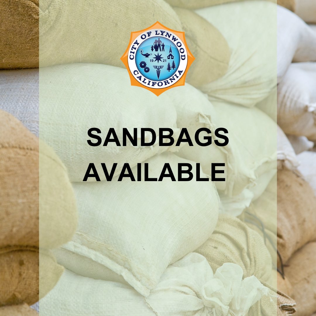MyLynwoodca's tweet photo. City of Lynwood is offering FREE sandbags to safeguard your homes.    

🕒 Distribution Hours: 
Sunday, February 18th - 9:00 A.M. until 3:00 P.M. 
Monday, February 19th- 9:00 A.M until 3:00 P.M.    

📍Location: Public Works Yard - 11750 Alameda St. Lynwood, CA 90262 https://t.co/gwzDR1Qtmc