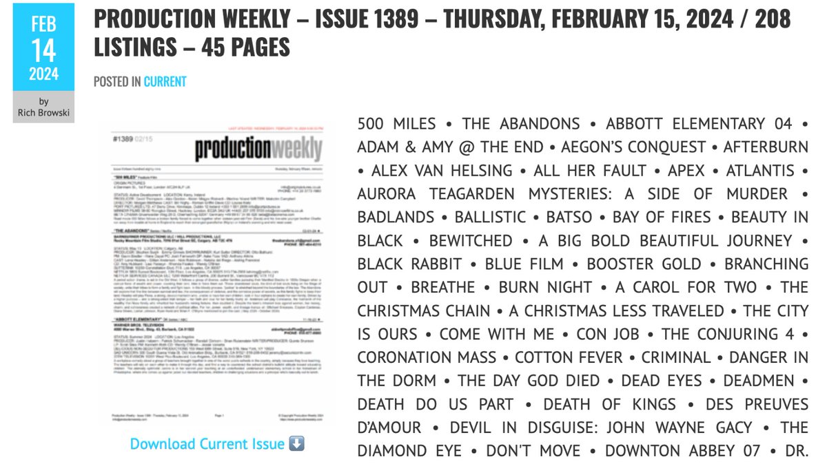 Production Weekly - Issue 1389 - Thursday, February 15, 2024 / 208 Listings - 45 Pages 🎬 ❤️ Download Current Issue productionweekly.com/production-wee…